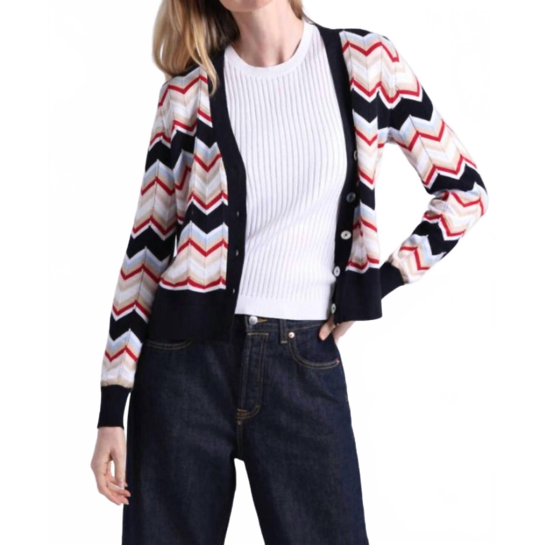 New Minnie Rose Chevron V Neck Cardigan In Nav Combo